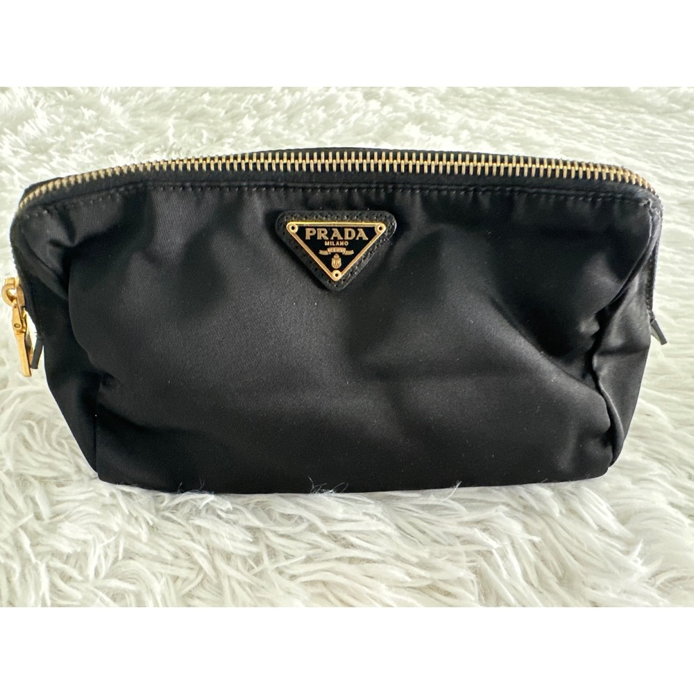 Prada black gold triangle nylon pouch toiletry cosmetic‎ case bag